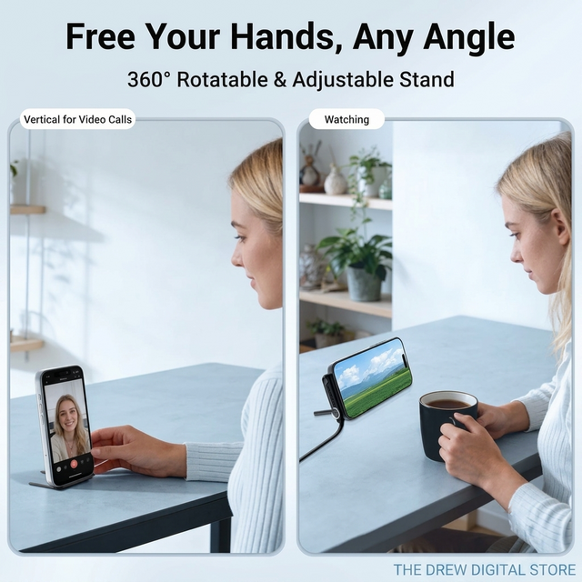 Drew FlexCharge 240W cable holding a phone hands-free at an adjustable angle
